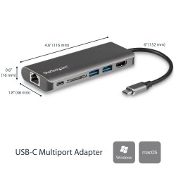 StarTech.com Adaptateur Multiport USB C, Station d'Accueil USB-C Portable vers HDMI 4K, Hub USB 3.0 2 pts, SD SDHC, GbE, 60W PD