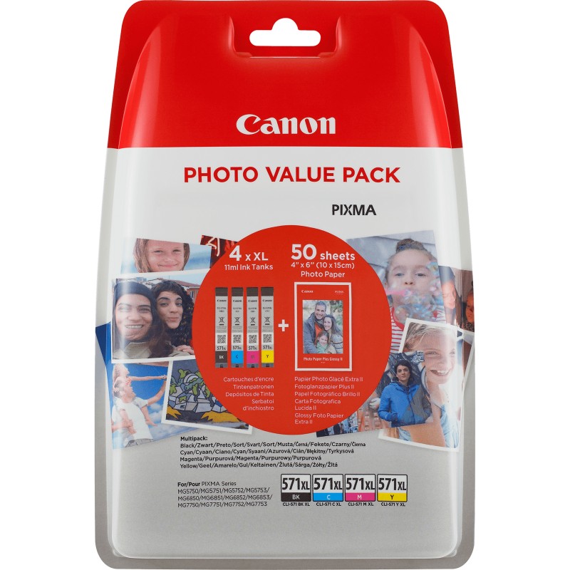 Canon Cartouche d'encre CLI-571XL BK C M Y à haut rendement + Pack économique de papiers photo