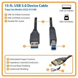 Tripp Lite U322-015-BK câble USB 4,57 m USB 3.2 Gen 1 (3.1 Gen 1) USB B USB A Noir