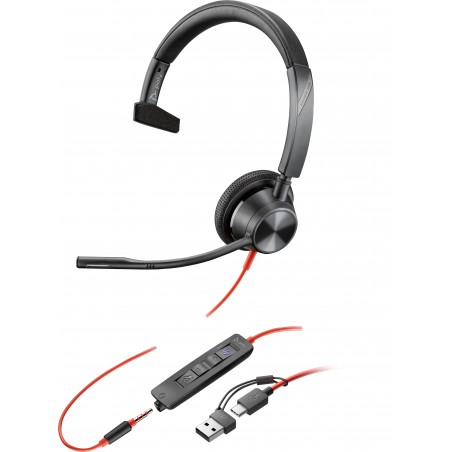 POLY Micro-casque Blackwire 3315 monaural USB-C certifié Microsoft Teams + connexion 3,5 mm + adaptateur USB-C A